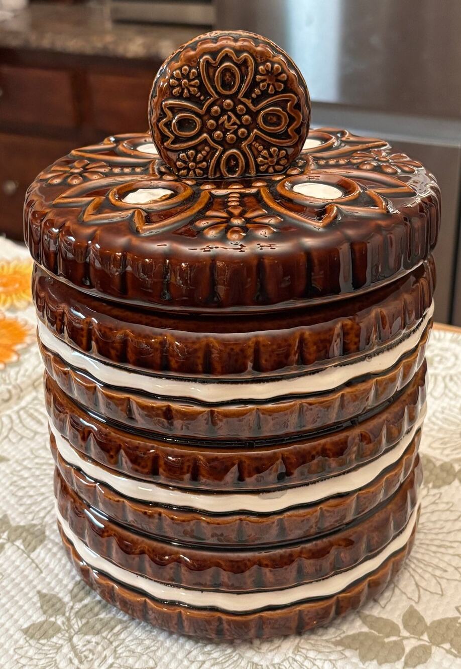 Vintage 1960s Japan Ceramic Cookie Jar Stacked Cookies Brown White Biscuit Jar